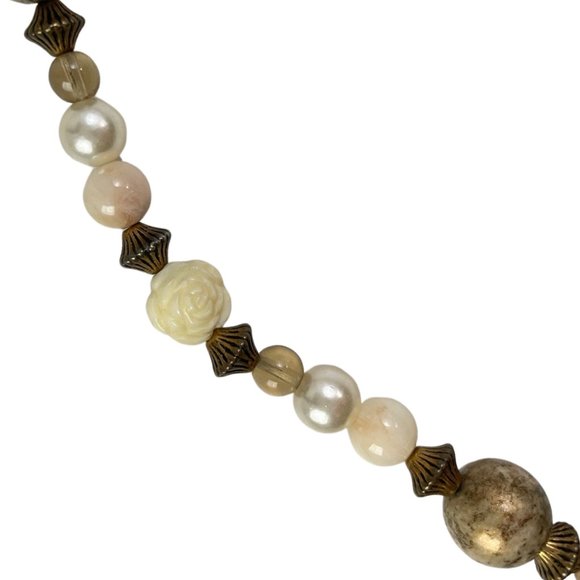 Vintage Necklace One Strand Various Beads  Bronze White Faux Pearl Rose Beads - Picture 5 of 5